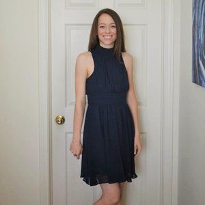 Modcloth Windy City Halter Neckline Navy Blue Chiffon Dress Size S
